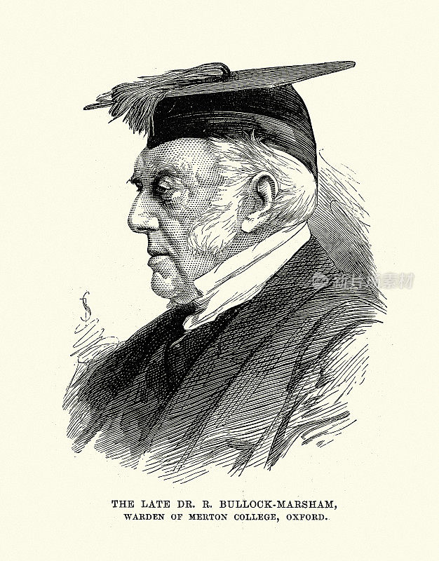R bull - marsham博士，牛津大学默顿学院院长，19世纪戴着学士帽的教授